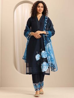 Libas - Navy Blue Floral Printed Kurta Wit Pant Anddupatta (Set of 3)