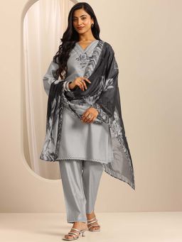 Libas - Grey Floral Embroidered Kurta with Pant and Dupatta (Set of 3)