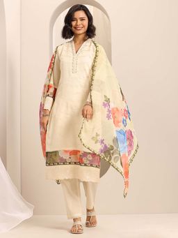 Libas - Cream Embroidered Kurta with Pant An Dupatta (Set of 3)