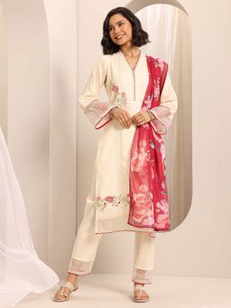 Libas - Cream Floral Embroidered Kurta with Pant and Dupatta (Set of 3)