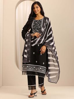 Libas - Black Floral Embroidered Kurta with Pant and Dupatta (Set of 3)