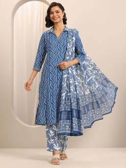Libas - Blue Abstract Printed Straight Kurta with Pant and Dupatta (Set of 3)