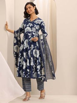 Libas - Navy Blue Floral Printed Angarkha Kurta with Pant and Dupatta (Set of 3)