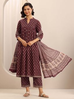 Libas - Maroon Ajrakh Printed Anarkali Kurta with Pant and Dupatta (Set of 3)