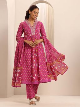 Libas - Pink Floral Printed Anarkali Kurta with Pant and Dupatta (Set of 3)