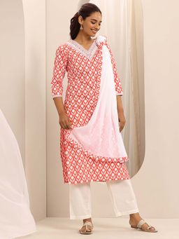 Libas - Orange Floral Printed Kurta and Pant with Dupatta (Set of 3)