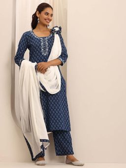 Libas - Navy Blue Floral Printed Kurta with Pant and Dupatta (Set of 3)