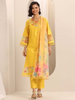 Libas - Yellow Floral Embroidered Kurta with Pant and Dupatta (Set of 3)