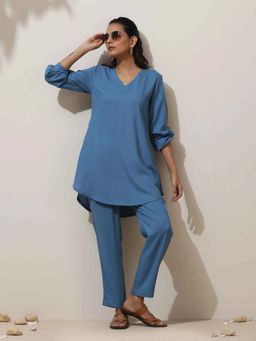 trueBrowns - Blue Viscose Solid V-Neck Co-Ord (Set of 2)
