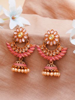 Karatcart - Gold Plated Pink Meena Floral Design Jhumki Earrings for Women