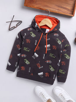 Hopscotch - Boys Black Text Print Full-Sleeve Cotton Hooded Sweatshirt