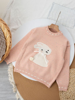 Hopscotch - Girls Peach Bunny Print Full-Sleeve Sweater