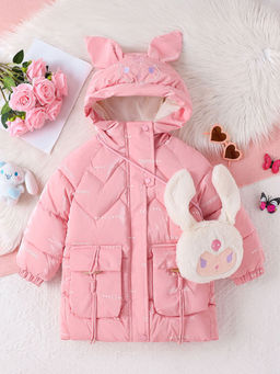 Hopscotch - Text Print Long Puffer Jacket With Bag