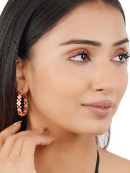 Voylla - Fashion Trendy Hoops Tilt Square Shaped Gold Plated Pink & Red Brass Earrings