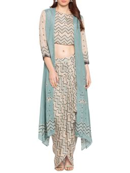 Soup by Sougat Paul - Blue Round Neck Printed Three Fourth Sleeves Top with Skirt and Jacket