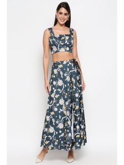 Soup by Sougat Paul - Teal Square Neck Floral Sleeveless Top with Skirt