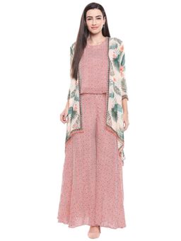 Soup by Sougat Paul - Red Mandarin Neck Printed Three Fourth Sleeves Top with Palazzo and Jacket