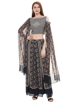 Soup by Sougat Paul - Black Boat Neck Floral Cape Top with Palazzo