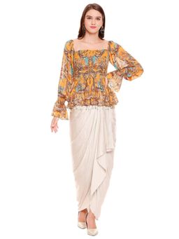 Soup by Sougat Paul - Yellow Square Neck Printed Balloon Sleeve Top with Skirt