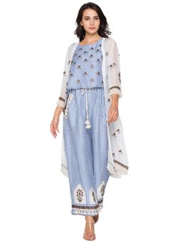 Soup by Sougat Paul - Blue V-Neck Floral Three Fourth Sleeves Top with Palazzo and Jacket
