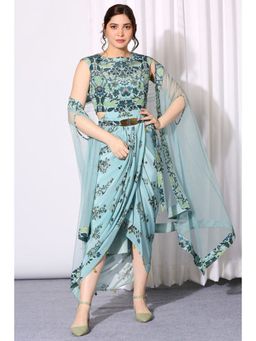 Soup by Sougat Paul - Pastel Bloom Drape Dress Paired with Net Asymmetrical Cape