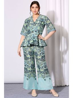 Soup by Sougat Paul - Aqua V-Neck Floral Half Sleeves Top with Palazzo