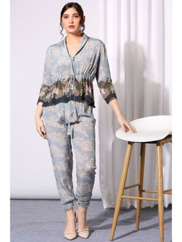 Soup by Sougat Paul - Blue V-Neck Printed Three Fourth Sleeves Top with Pant Co-Ord