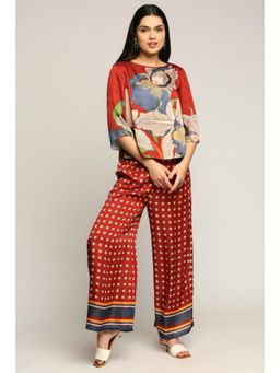 Soup by Sougat Paul - Maroon Round Neck Floral Three Fourth Sleeves Top with Palazzo