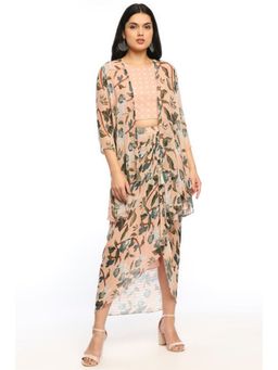 Soup by Sougat Paul - Peach Round Neck Floral Three Fourth Sleeves Top with Skirt and Jacket