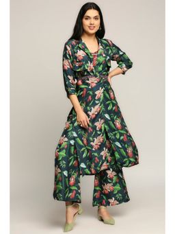 Soup by Sougat Paul - Green Notched Lapel Floral Top with Palazzo and Jacket