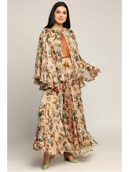 Soup by Sougat Paul - Peach Round Neck Floral Flared Sleeves Top with Palazzo and Cape