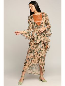 Soup by Sougat Paul - Peach Round Neck Floral Full Sleeves Top with Skirt and Jacket