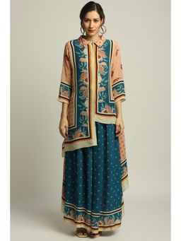 Soup by Sougat Paul - Teal Blue Printed Three Fourth Sleeves Top with Palazzo