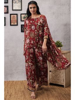 Soup by Sougat Paul - Red Mandarin Neck Floral Three Fourth Sleeves Top with Palazzo