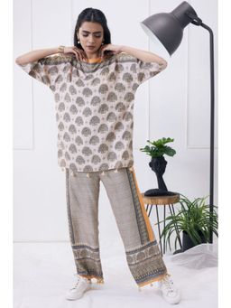 Soup by Sougat Paul - Beige Mandarin Neck Printed Half Sleeves Top with Pant Co-Ord