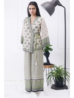 Soup by Sougat Paul - Beige Mandarin Neck Printed Flared Sleeves Top with Palazzo