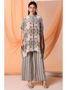 Soup by Sougat Paul - Beige Mandarin Neck Floral Half Sleeves Top with Palazzo