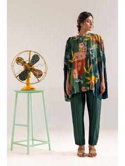 Soup by Sougat Paul - Green Crew Neck Floral Cape Top with Pant Co-Ord