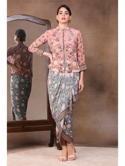 Soup by Sougat Paul - Multi-Color Round Neck Floral Three Fourth Sleeves Top with Skirt