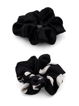 ToniQ - Black Solid & White Polka Dot Satin Hair Scrunchie Rubber Band Set For Women (Set of 2)