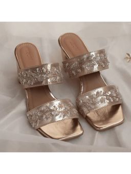 AUZORI - Gold Embroidered Two Strap Block Sandal Heels