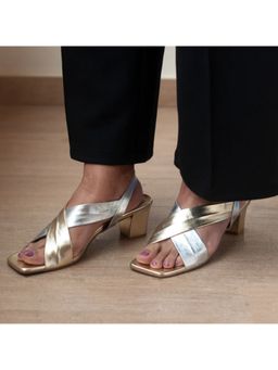 AUZORI - Two Tone Metallic Gold and Silver Party Wear Block Sandal Heels