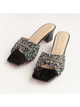 AUZORI - Black Stones and Beads Embellished Block Sandal Heels