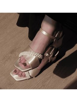 AUZORI - Satin Block Sandals Heels With Pearl Embellishments