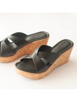 AUZORI - Criss Cross Black Interlocked Cork Wedges Heels