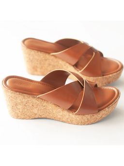 AUZORI - Criss Cross Tan Interlocked Cork Wedges Heels