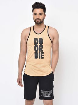 Aesthetic Bodies - Men Beige Powermatic Print Sleeveless Gym Vest