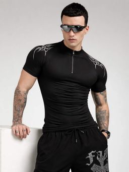 XTREMEX - Black Chrome Zip Nylon Compression Half Sleeves Men T-Shirt