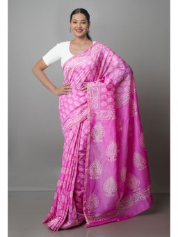 Unnati Silks - Pink Pure Block Printed Chanderi Sico Saree with Unstitched Blouse