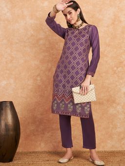 HK colours of fashion - Women Woven Design Pashmina Purple Kurta with Pant (Set of 2)